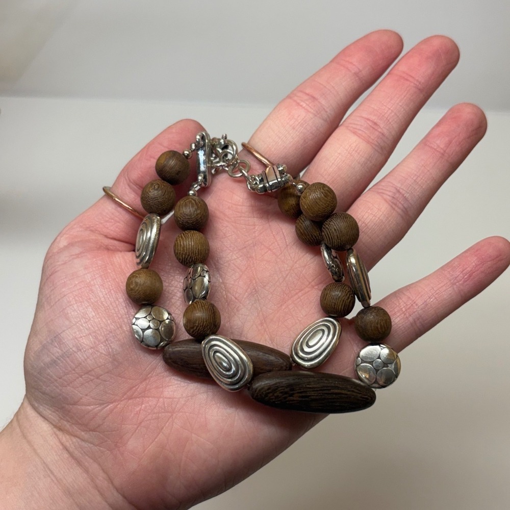 Brown Wood and Silver Tone Double Strand Beaded Boho Bracelet 7 Inch